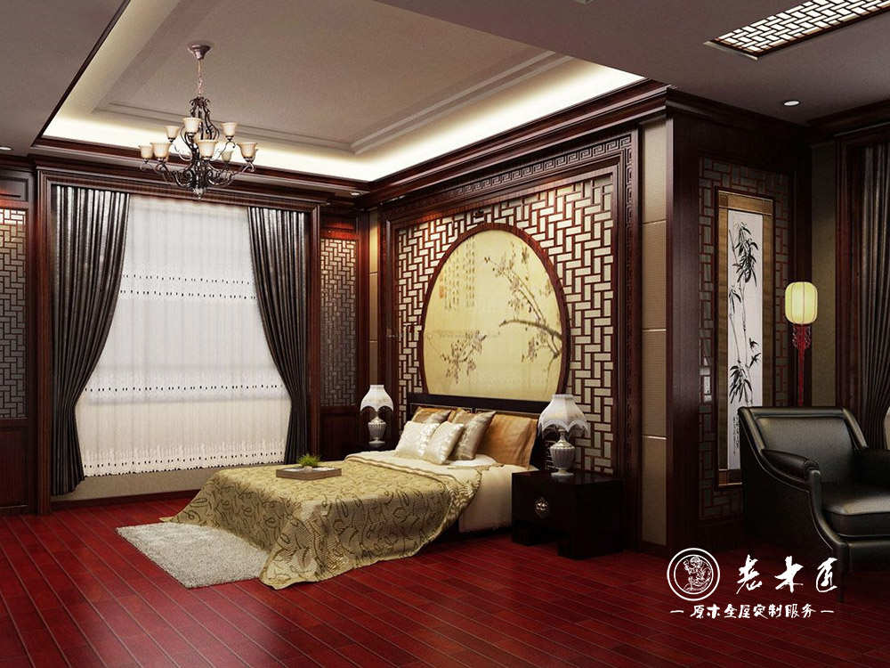 中式卧室原木床头背景墙效果图